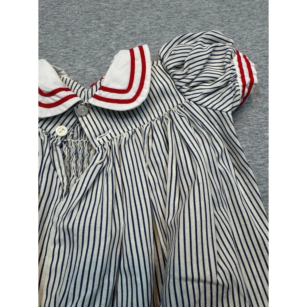 Vintage 1980s Girls Sailor Dress Smocked Nautical Striped Handmade Approx 4T